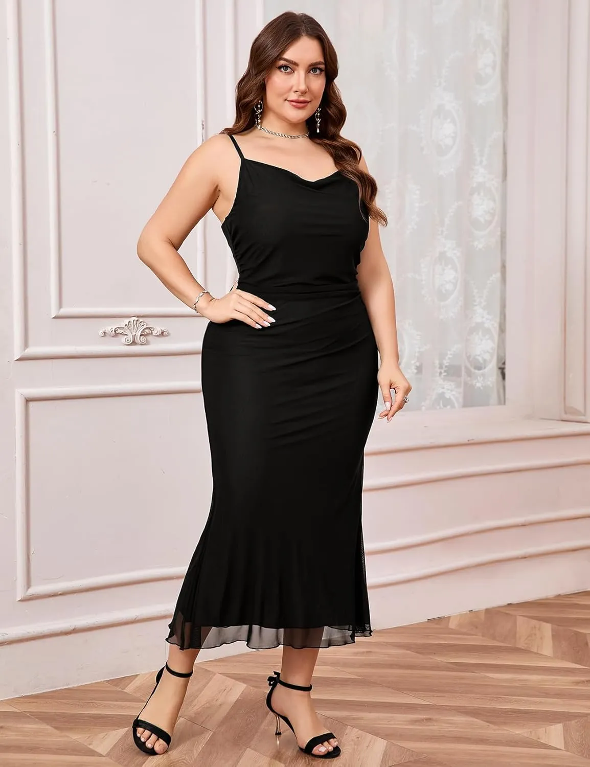 CYCLAMEN Plus Size Mesh Mermaid Dress Ruched Spaghetti Strap Fitted Sleeveless Cami Dresses Cocktail Party Wedding Guest