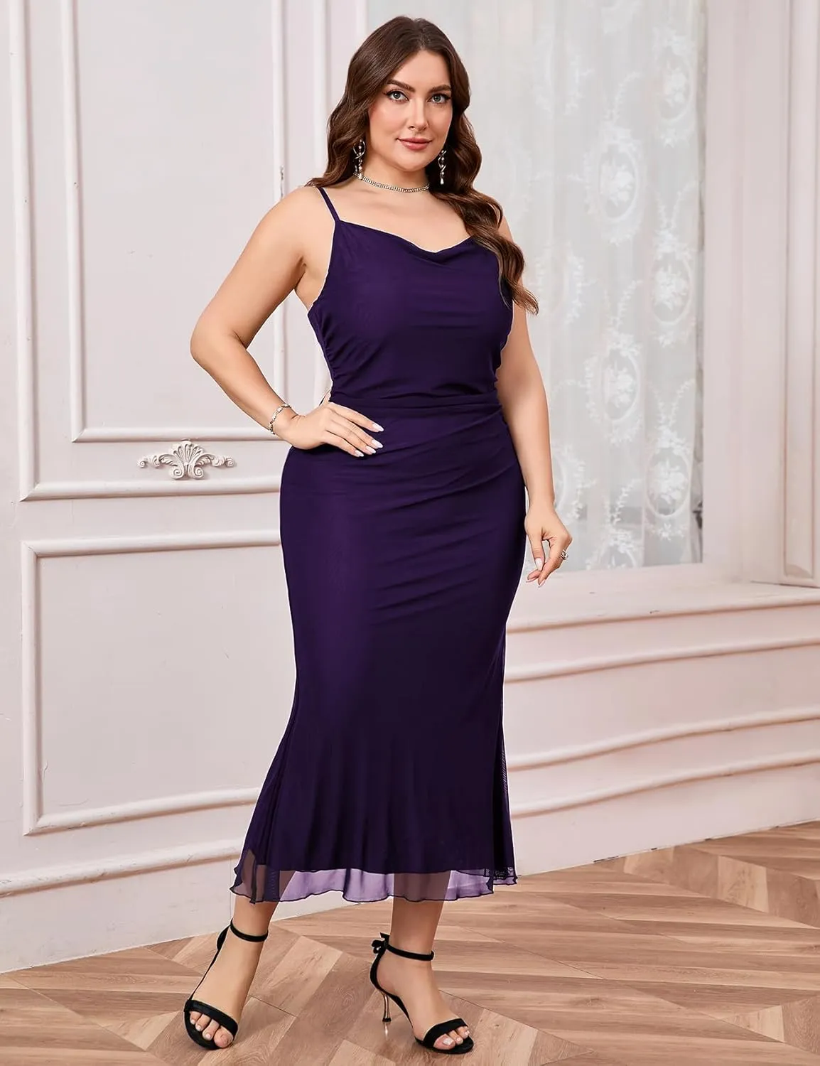 CYCLAMEN Plus Size Mesh Mermaid Dress Ruched Spaghetti Strap Fitted Sleeveless Cami Dresses Cocktail Party Wedding Guest