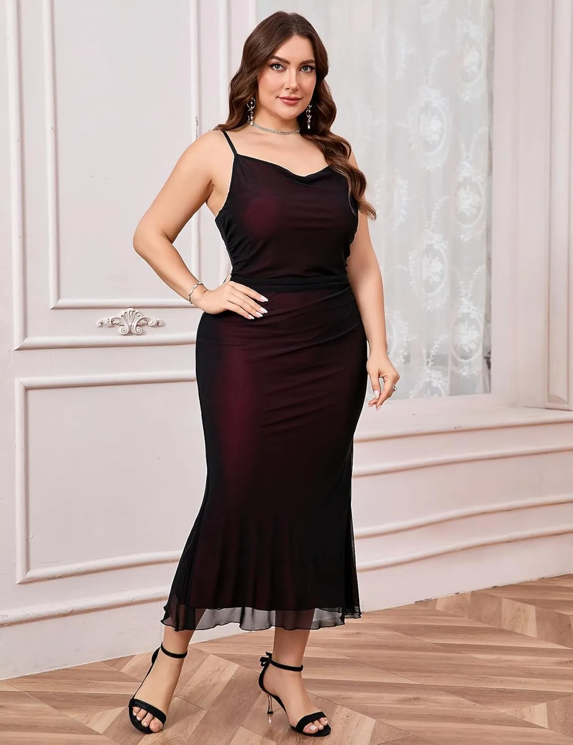 CYCLAMEN Plus Size Mesh Mermaid Dress Ruched Spaghetti Strap Fitted Sleeveless Cami Dresses Cocktail Party Wedding Guest