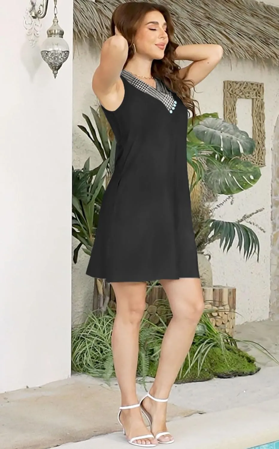 Disamer Summer Dresses for Women 2025 Vacation Sundresses Beach Coverups Tunic Sleeveless V Neck Button Down Tshirt Dress