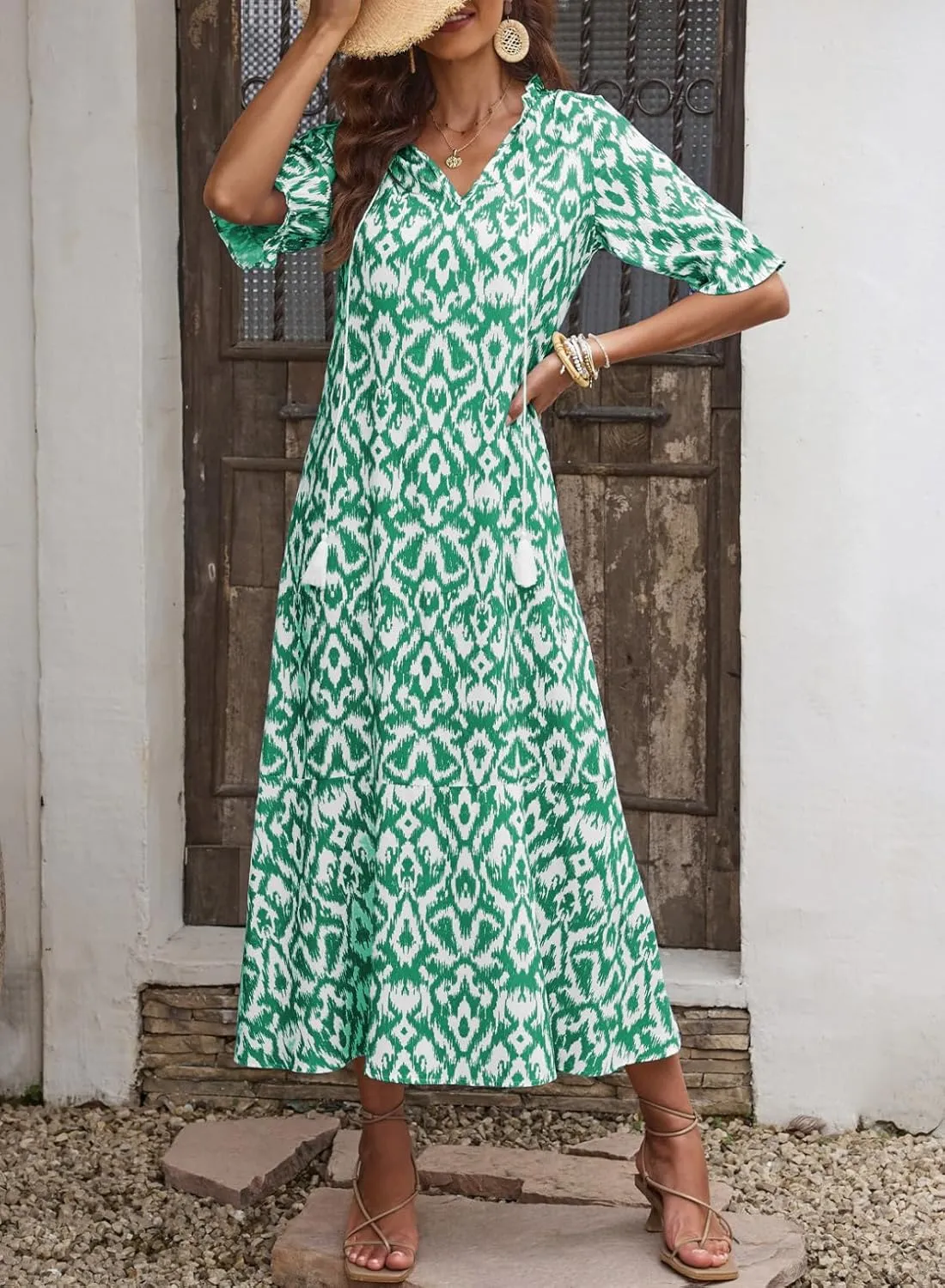Dokotoo Women Boho Summer Dress 2024 Frill Short Sleeve Tassel V Neck Ruffle Flowy A-Line Maxi Dresses