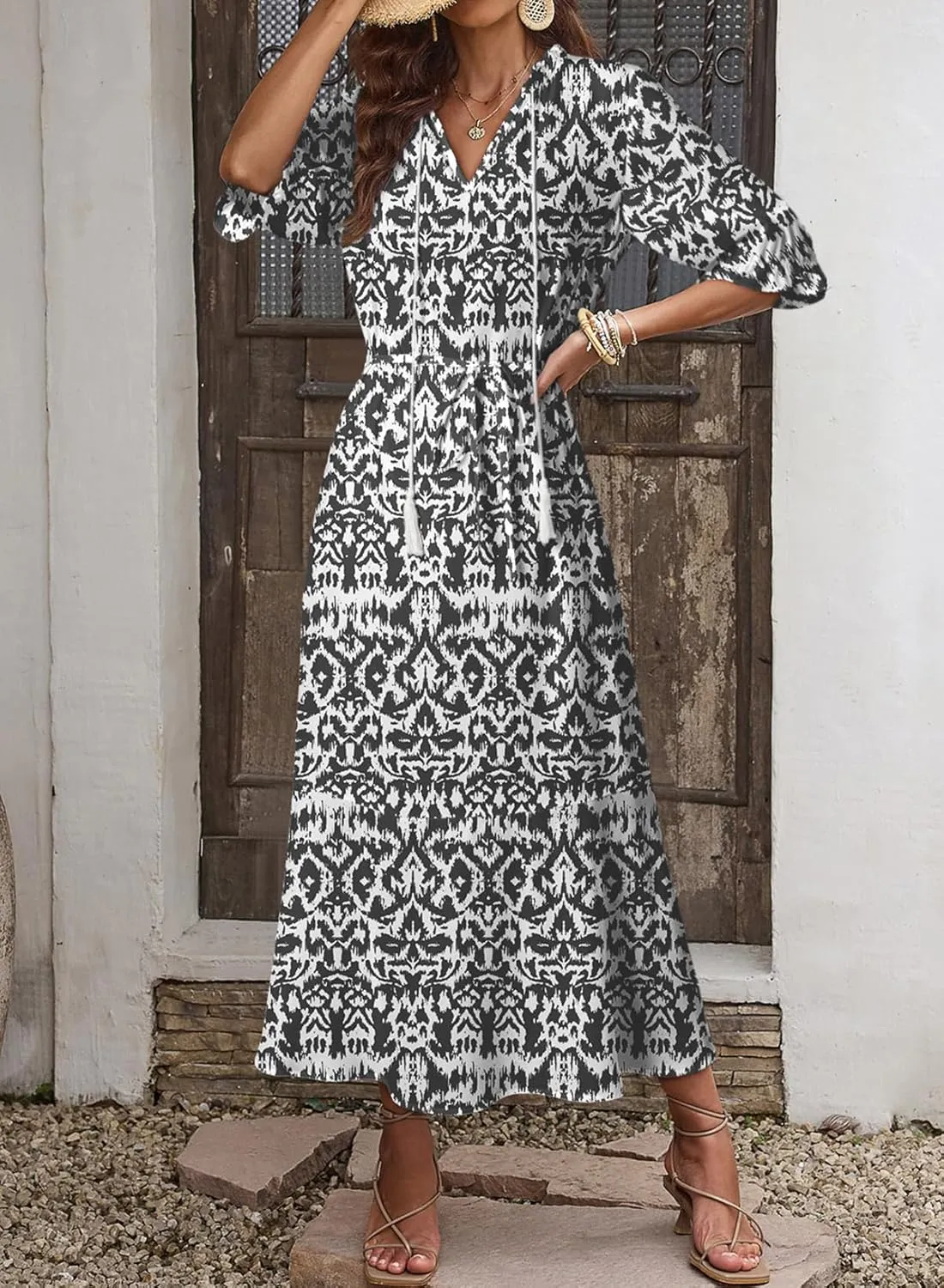 Dokotoo Women Boho Summer Dress 2024 Frill Short Sleeve Tassel V Neck Ruffle Flowy A-Line Maxi Dresses