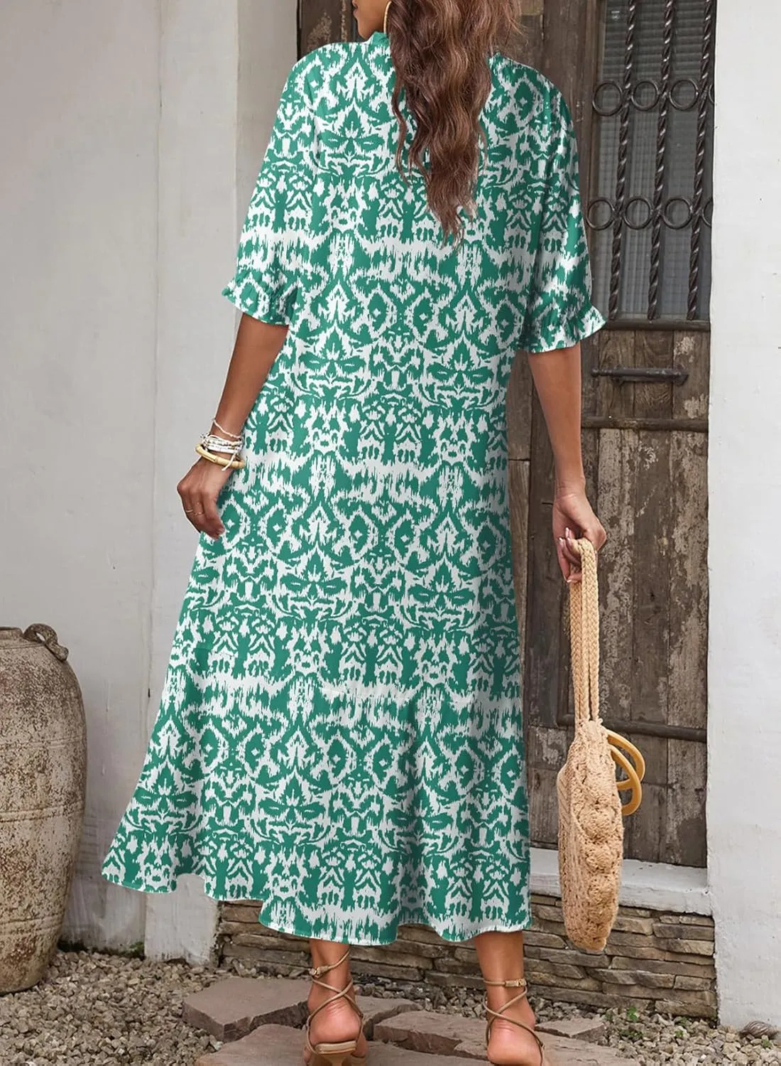 Dokotoo Women Boho Summer Dress 2024 Frill Short Sleeve Tassel V Neck Ruffle Flowy A-Line Maxi Dresses