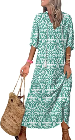 Dokotoo Women Boho Summer Dress 2024 Frill Short Sleeve Tassel V Neck Ruffle Flowy A-Line Maxi Dresses
