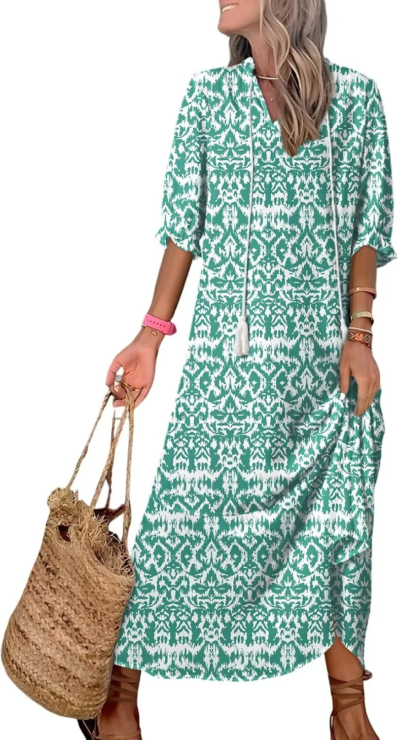 Dokotoo Women Boho Summer Dress 2024 Frill Short Sleeve Tassel V Neck Ruffle Flowy A-Line Maxi Dresses