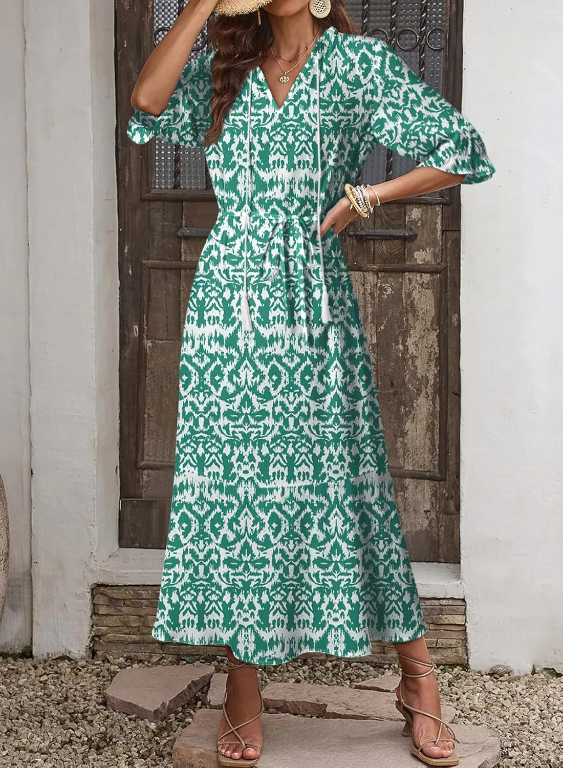 Dokotoo Women Boho Summer Dress 2024 Frill Short Sleeve Tassel V Neck Ruffle Flowy A-Line Maxi Dresses