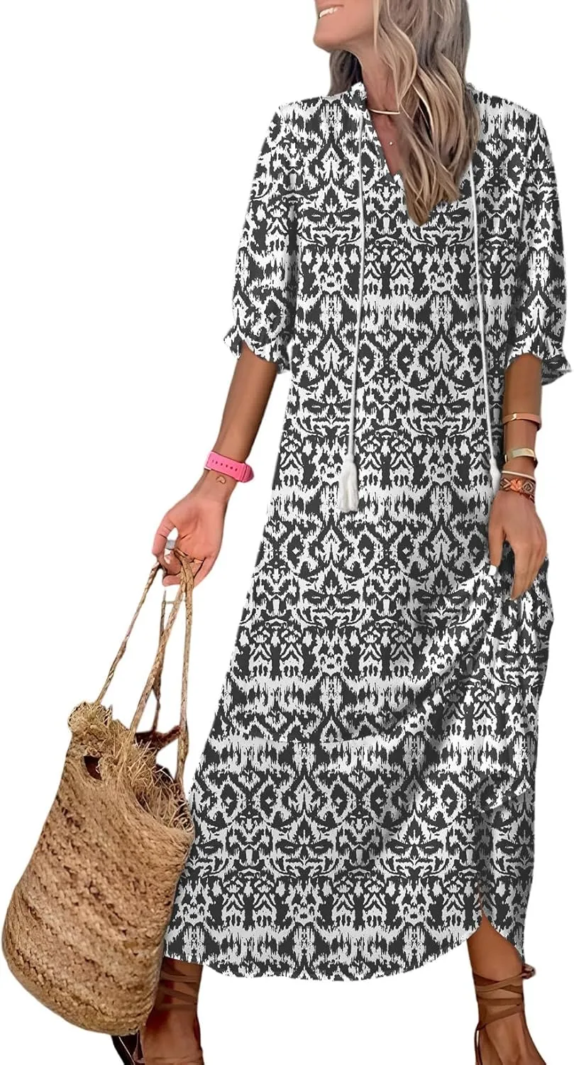Dokotoo Women Boho Summer Dress 2024 Frill Short Sleeve Tassel V Neck Ruffle Flowy A-Line Maxi Dresses