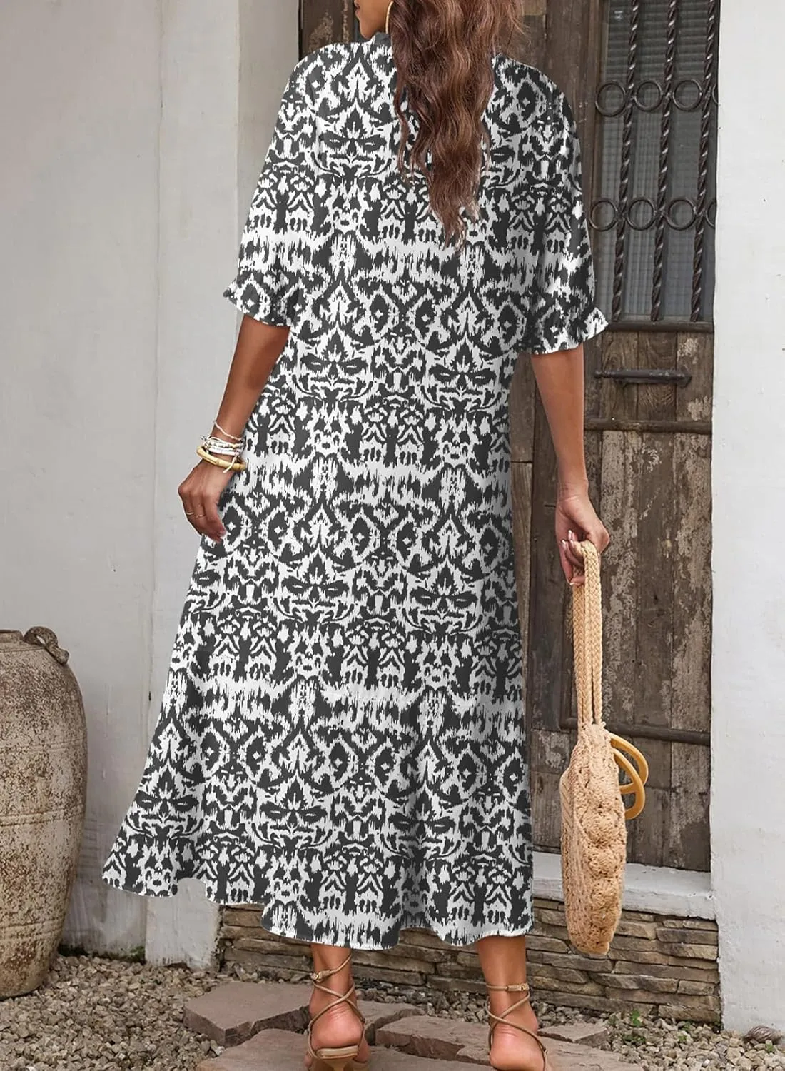 Dokotoo Women Boho Summer Dress 2024 Frill Short Sleeve Tassel V Neck Ruffle Flowy A-Line Maxi Dresses