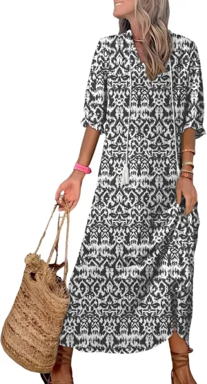 Dokotoo Women Boho Summer Dress 2024 Frill Short Sleeve Tassel V Neck Ruffle Flowy A-Line Maxi Dresses