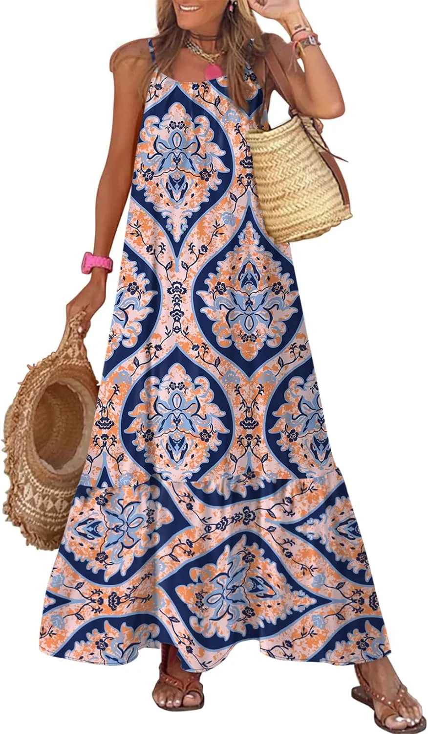 Dokotoo Women Summer Dresses 2025 Spaghetti Strap Scoop Neck Smocked Ruffle Flowy Boho Maxi Dress