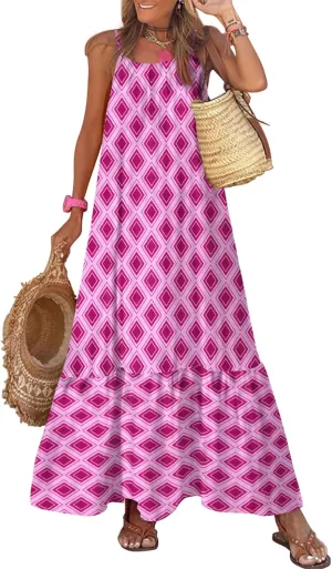 Dokotoo Women Summer Dresses 2025 Spaghetti Strap Scoop Neck Smocked Ruffle Flowy Boho Maxi Dress