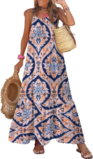 Dokotoo Women Summer Dresses 2025 Spaghetti Strap Scoop Neck Smocked Ruffle Flowy Boho Maxi Dress