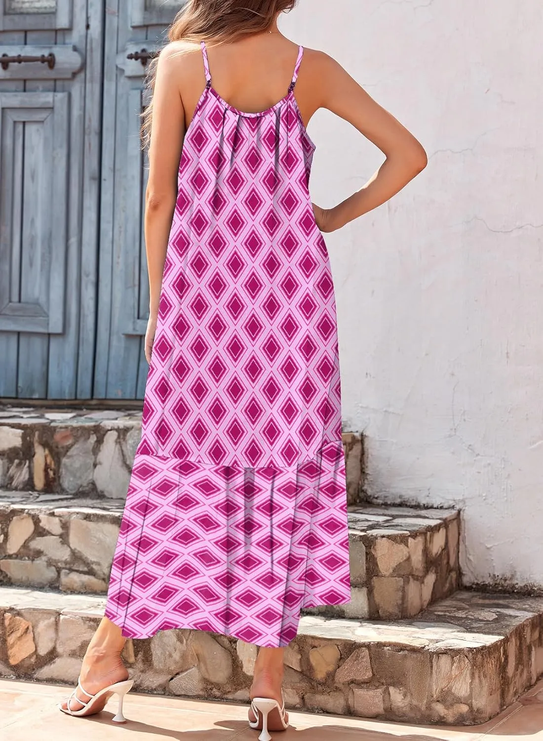 Dokotoo Women Summer Dresses 2025 Spaghetti Strap Scoop Neck Smocked Ruffle Flowy Boho Maxi Dress