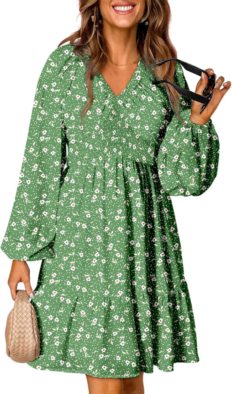 Dokotoo Womens Dresses 2025 Boho Floral V Neck Long Sleeve Smocked Elastic Waist Casual A-Line Swing Mini Dress Sundress