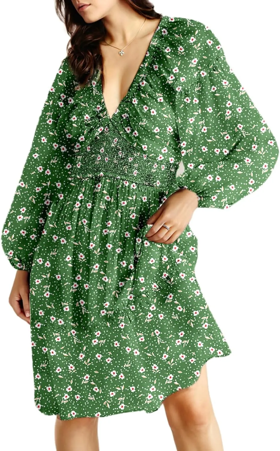 Dokotoo Womens Dresses 2025 Boho Floral V Neck Long Sleeve Smocked Elastic Waist Casual A-Line Swing Mini Dress Sundress