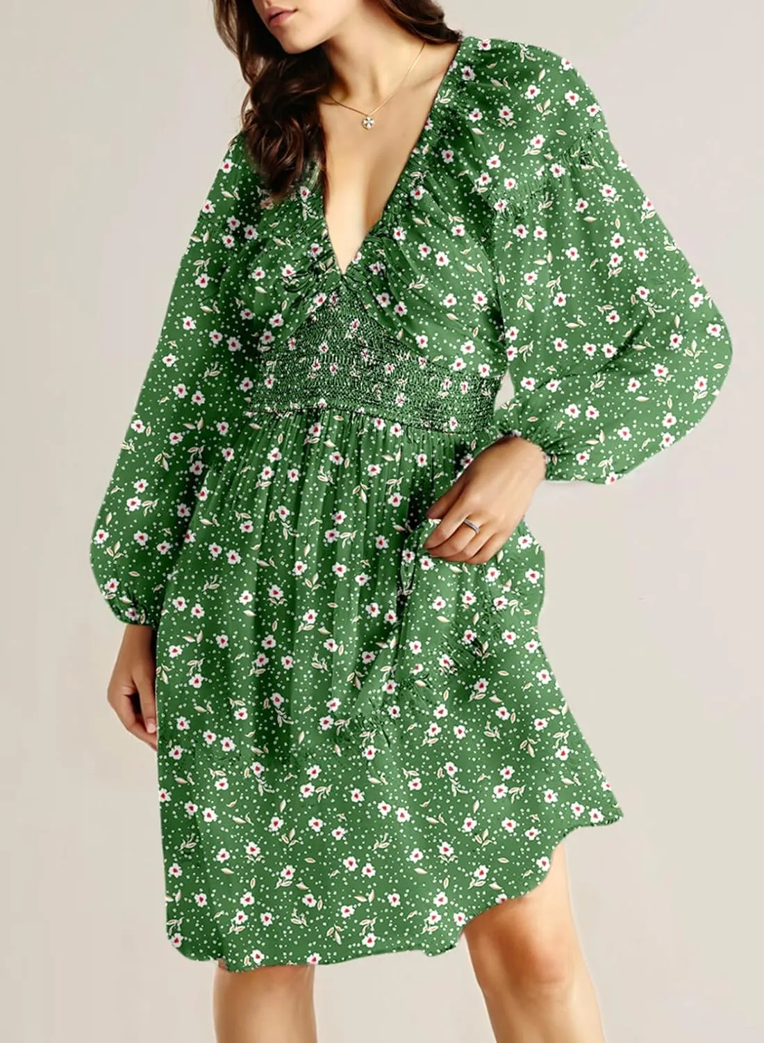 Dokotoo Womens Dresses 2025 Boho Floral V Neck Long Sleeve Smocked Elastic Waist Casual A-Line Swing Mini Dress Sundress