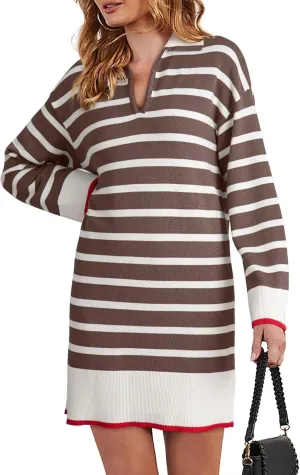 Dokotoo Women's Polo V Neck Sweater Dresses Fall Dresses for Women 2024 Long Sleeve Dress Casual Striped Mini Dress