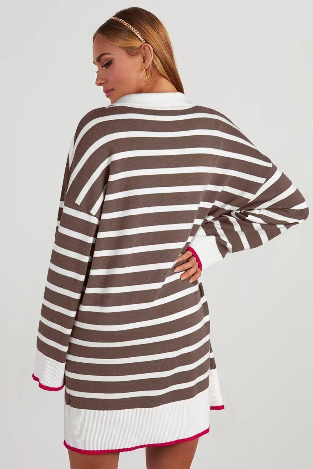 Dokotoo Women's Polo V Neck Sweater Dresses Fall Dresses for Women 2024 Long Sleeve Dress Casual Striped Mini Dress
