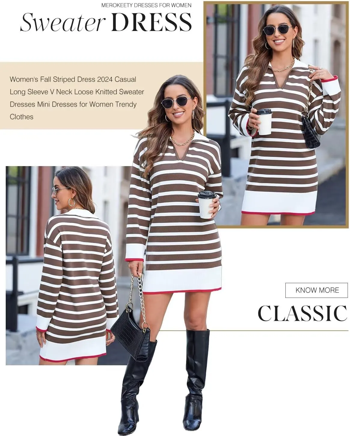 Dokotoo Women's Polo V Neck Sweater Dresses Fall Dresses for Women 2024 Long Sleeve Dress Casual Striped Mini Dress