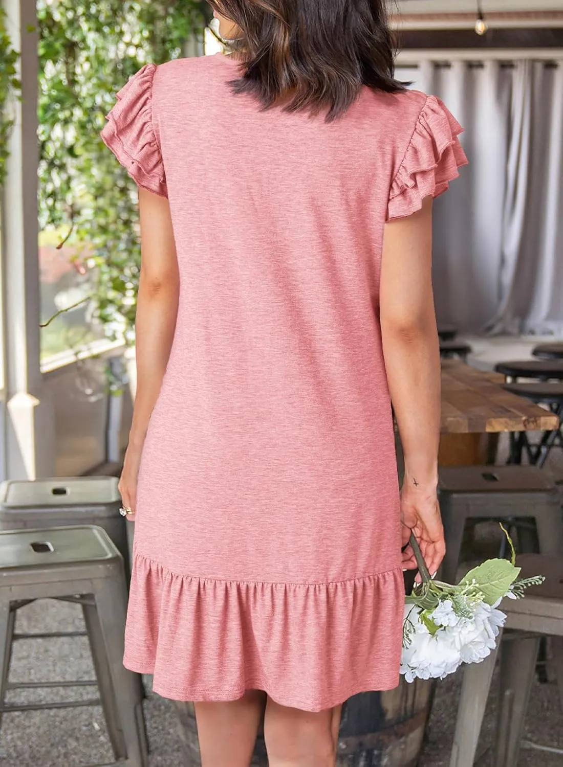 Dokotoo Womens Summer Dresses 2025 Ruffle Short Sleeve Smocked V Neck Casual Loose A-Line Swing Mini Dress Sundress