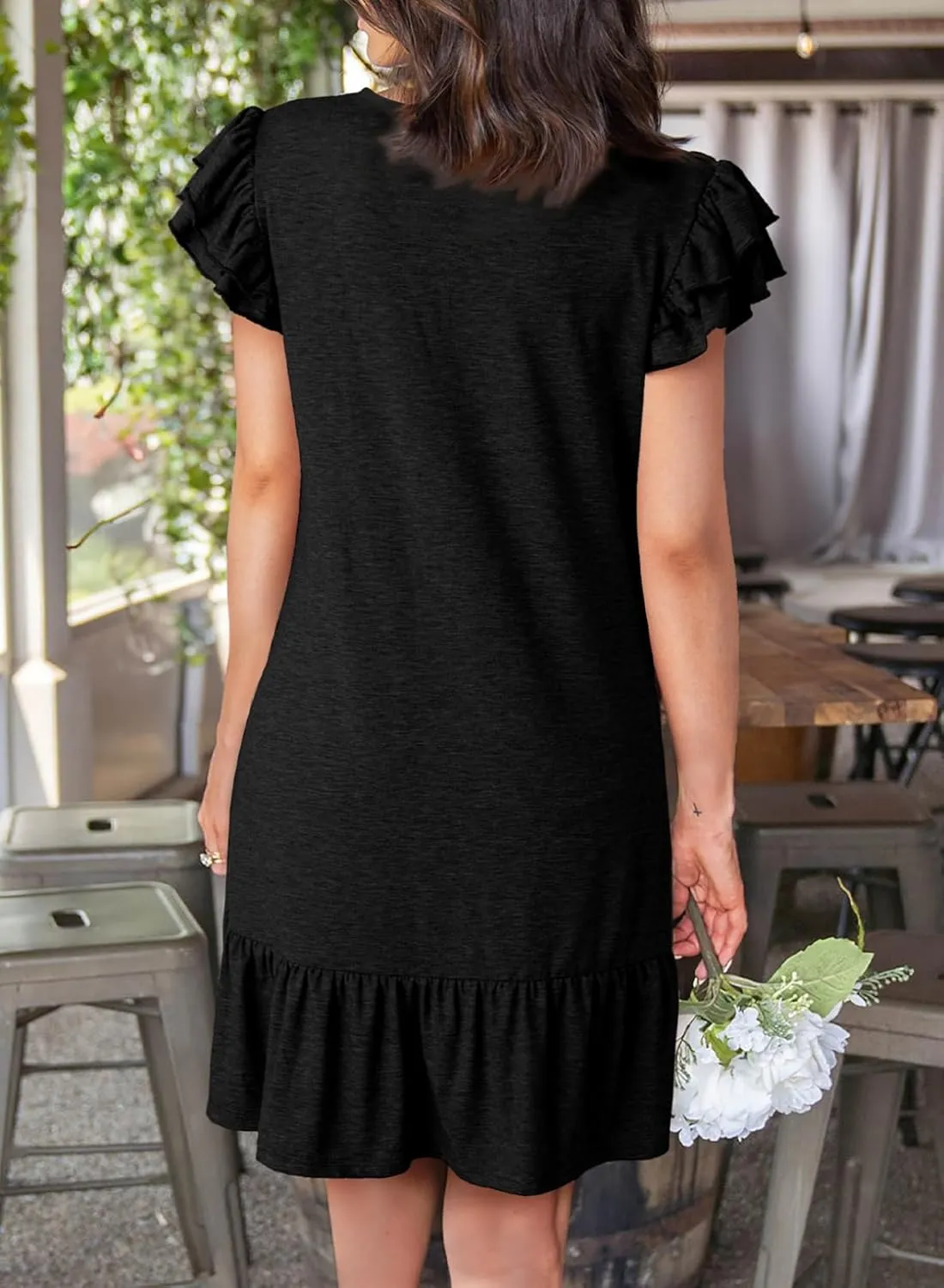 Dokotoo Womens Summer Dresses 2025 Ruffle Short Sleeve Smocked V Neck Casual Loose A-Line Swing Mini Dress Sundress