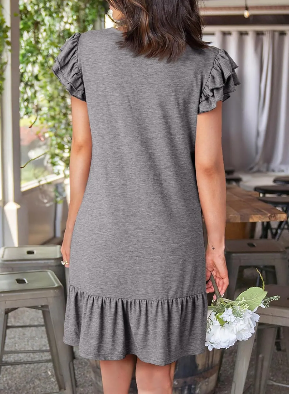 Dokotoo Womens Summer Dresses 2025 Ruffle Short Sleeve Smocked V Neck Casual Loose A-Line Swing Mini Dress Sundress