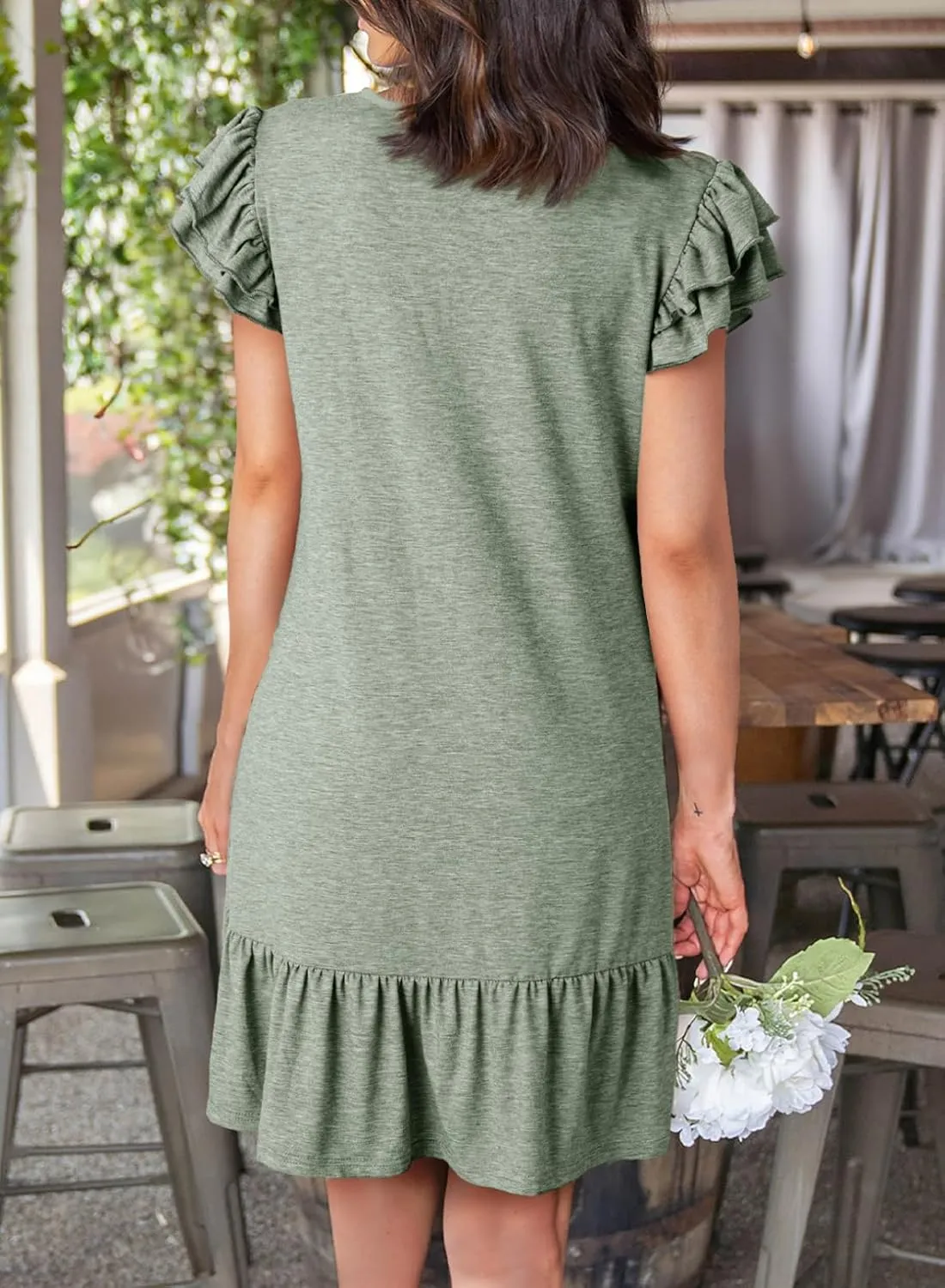 Dokotoo Womens Summer Dresses 2025 Ruffle Short Sleeve Smocked V Neck Casual Loose A-Line Swing Mini Dress Sundress
