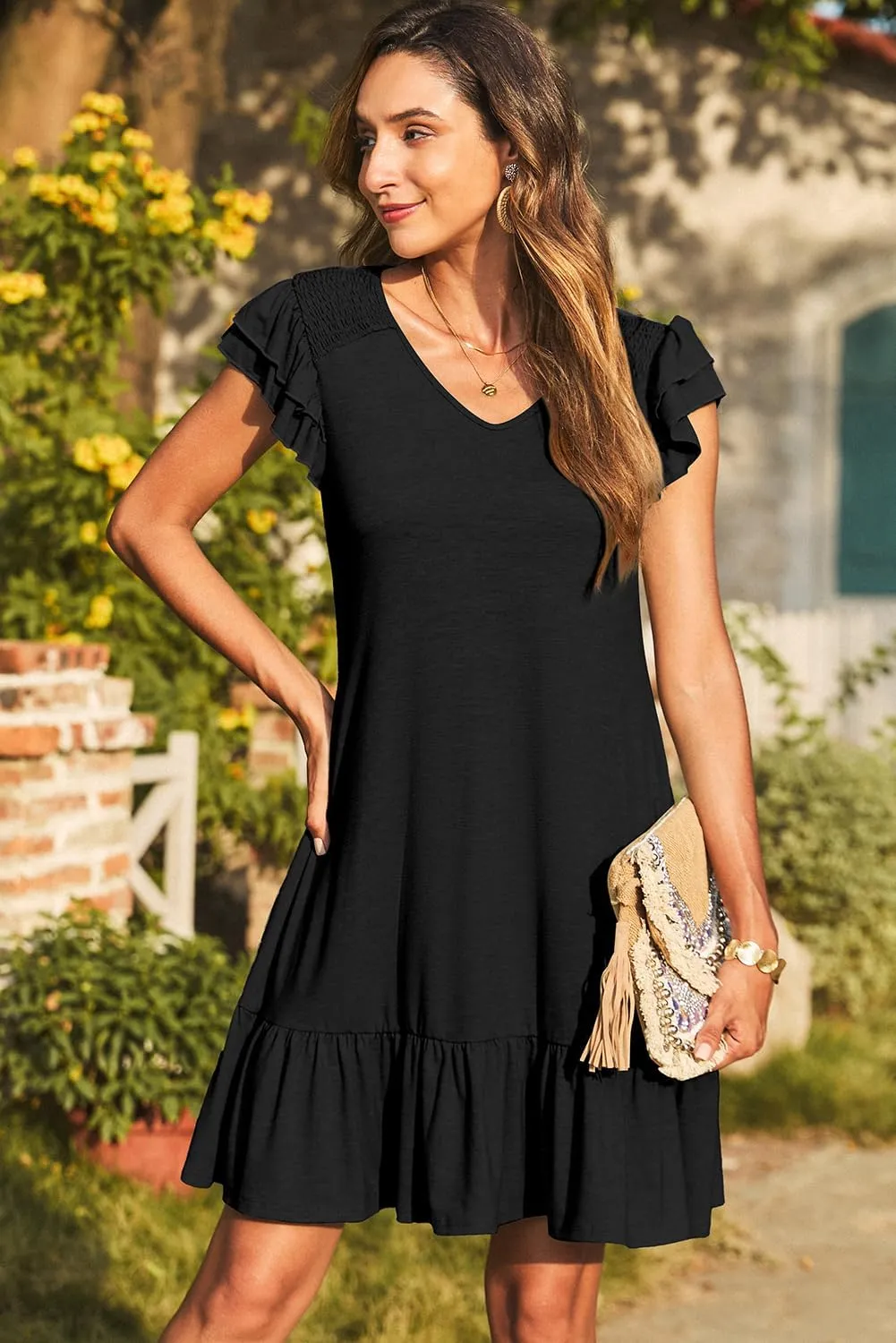 Dokotoo Womens Summer Dresses 2025 Ruffle Short Sleeve Smocked V Neck Casual Loose A-Line Swing Mini Dress Sundress