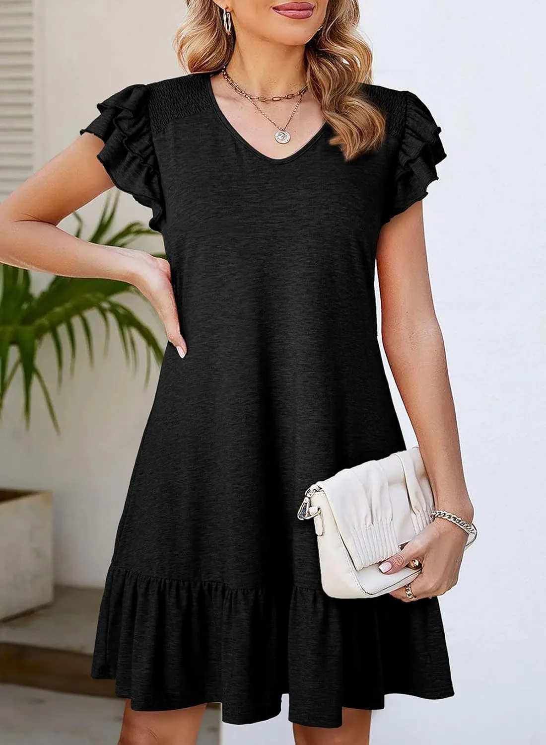 Dokotoo Womens Summer Dresses 2025 Ruffle Short Sleeve Smocked V Neck Casual Loose A-Line Swing Mini Dress Sundress