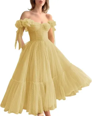 Dotted Tulle Off The Shoulder Prom Dresses for Women 2025 Sweetheart Midi Puffy Formal Party Gowns YH71