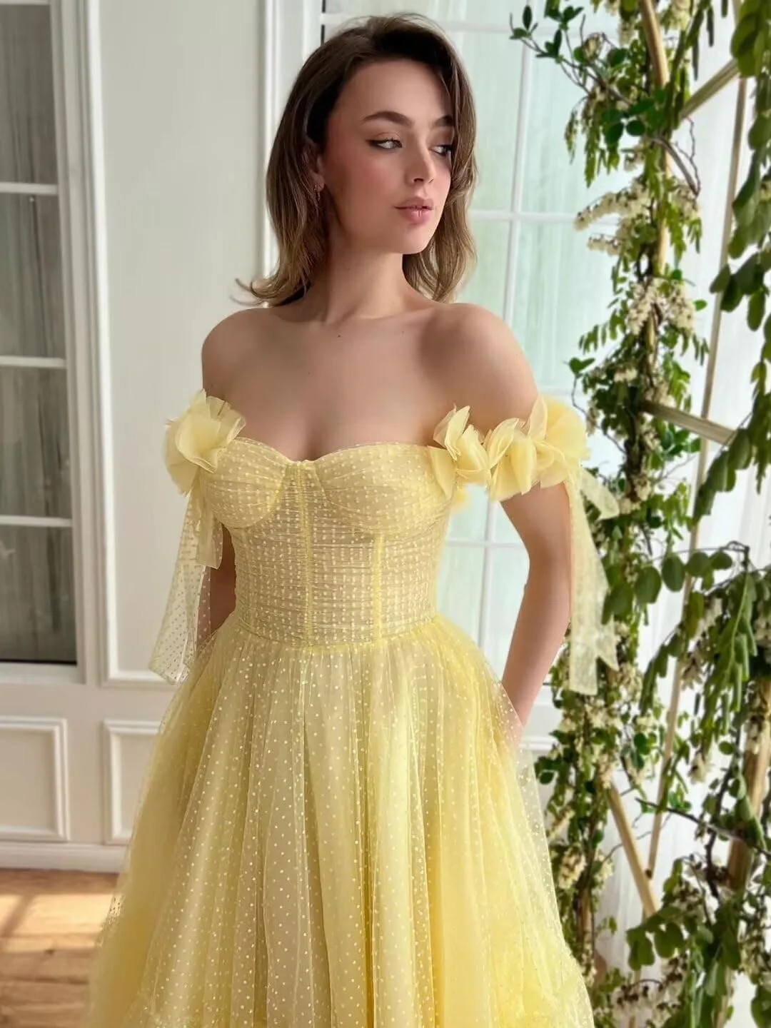Dotted Tulle Off The Shoulder Prom Dresses for Women 2025 Sweetheart Midi Puffy Formal Party Gowns YH71
