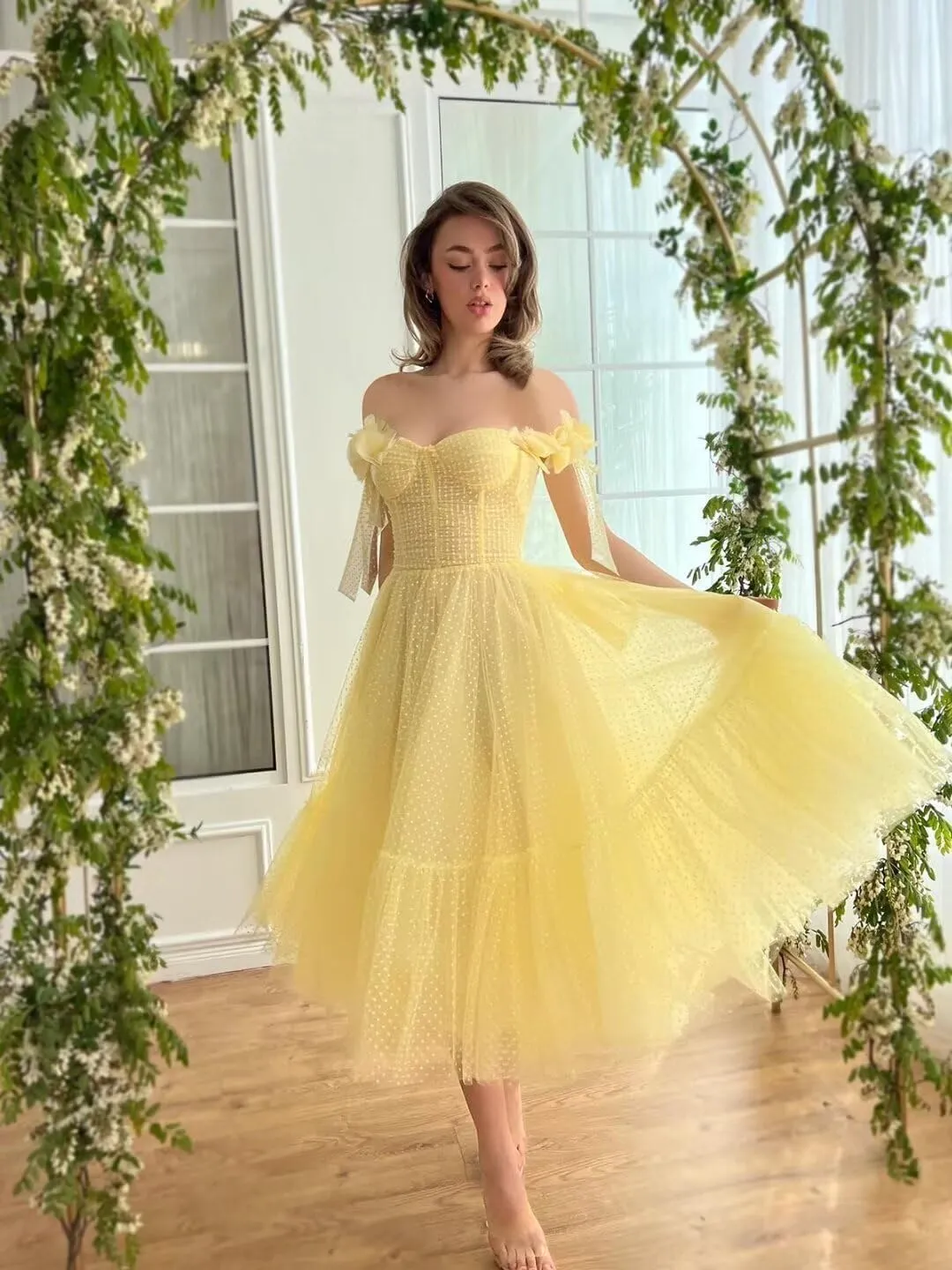 Dotted Tulle Off The Shoulder Prom Dresses for Women 2025 Sweetheart Midi Puffy Formal Party Gowns YH71