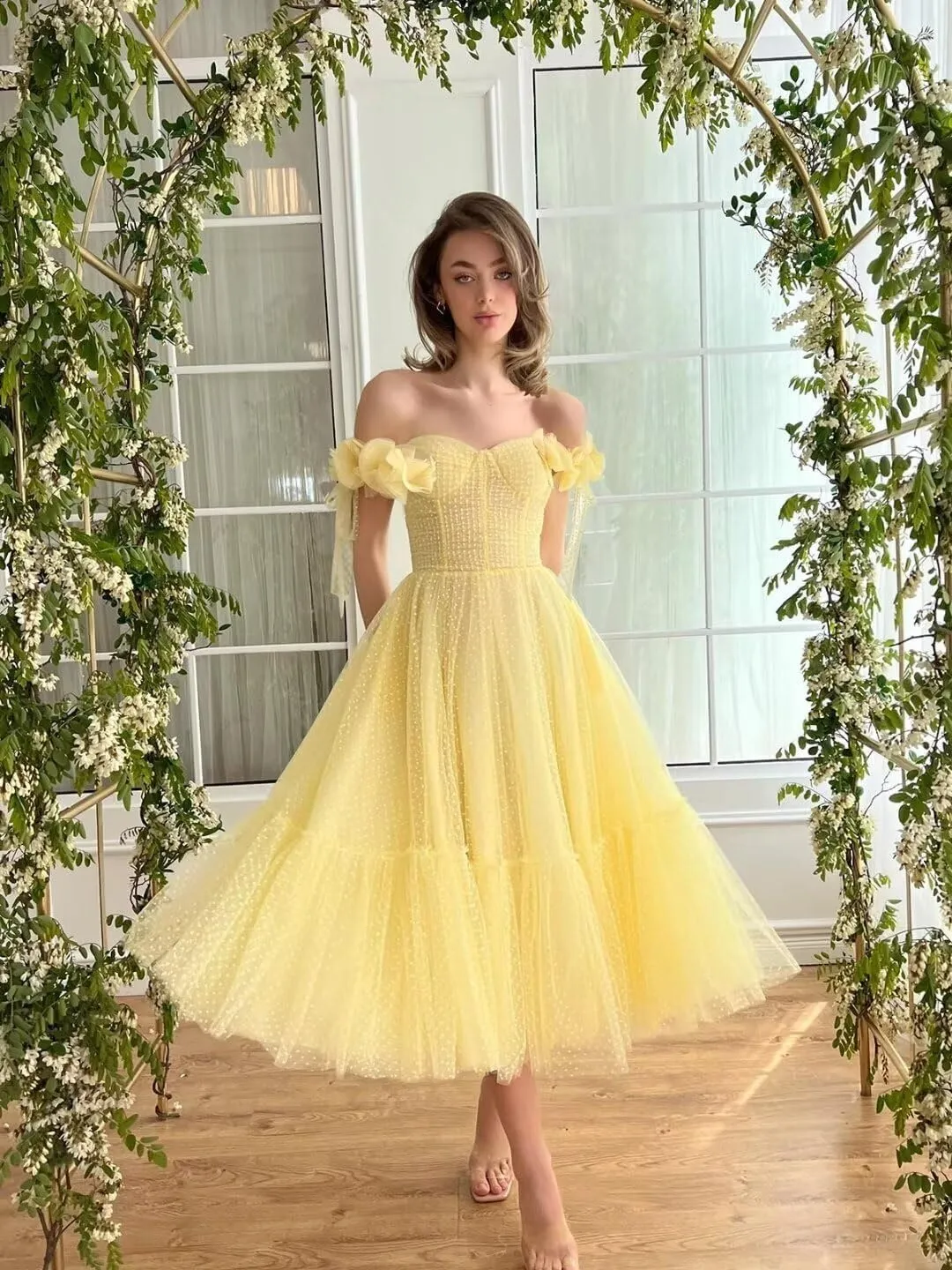 Dotted Tulle Off The Shoulder Prom Dresses for Women 2025 Sweetheart Midi Puffy Formal Party Gowns YH71