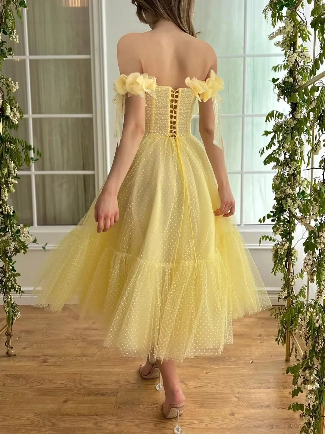 Dotted Tulle Off The Shoulder Prom Dresses for Women 2025 Sweetheart Midi Puffy Formal Party Gowns YH71