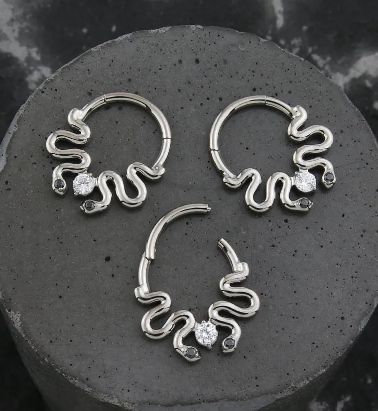 Double Curvy Snake Black CZ Eyes Hinged Segment Ring