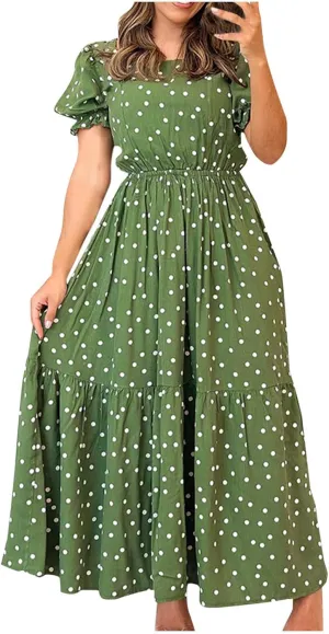 Dresses for Women 2025 Casual Fashion Puff Sleeve Point Printed Vintage Maxi Dress Square Neck Summer 2025 Dresses