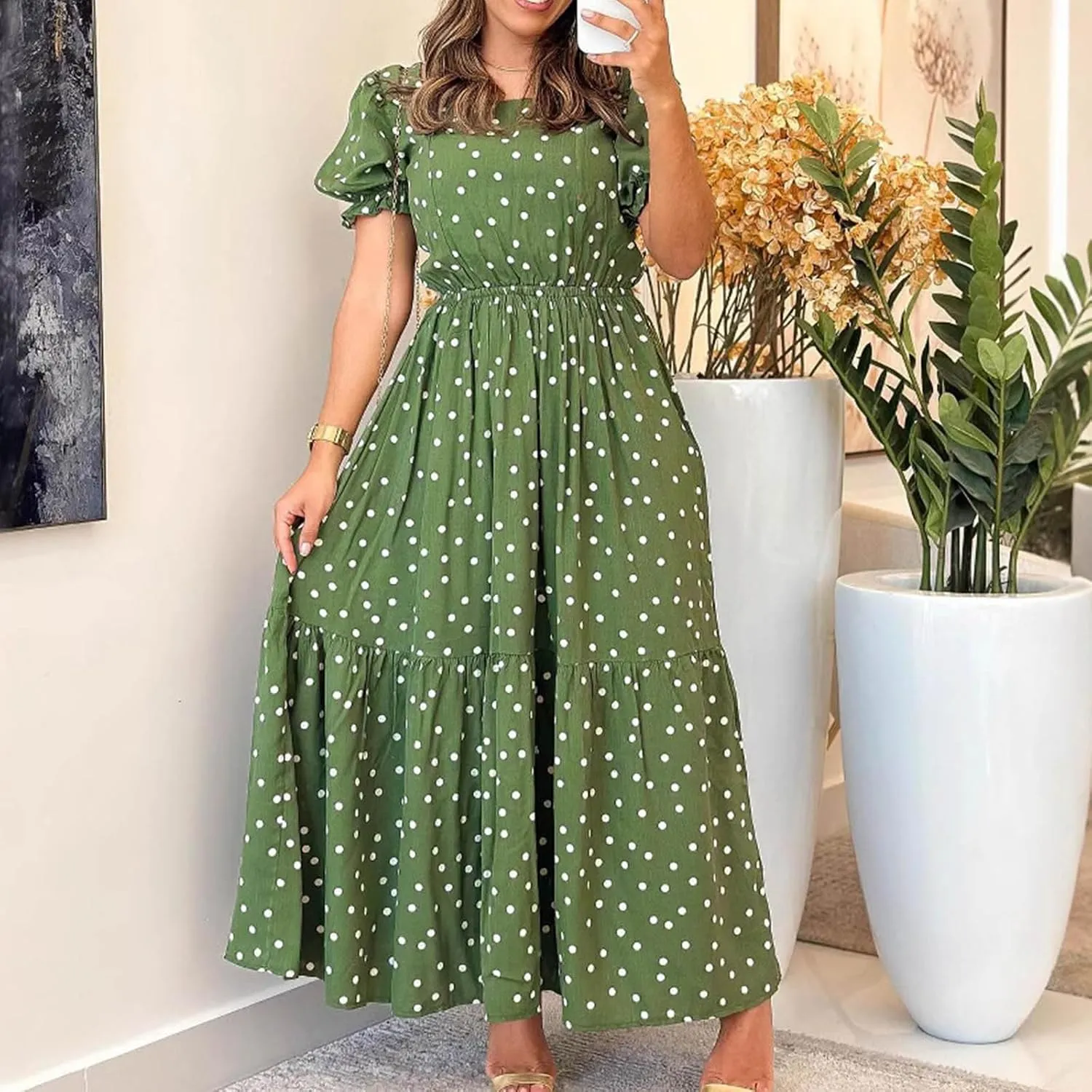Dresses for Women 2025 Casual Fashion Puff Sleeve Point Printed Vintage Maxi Dress Square Neck Summer 2025 Dresses