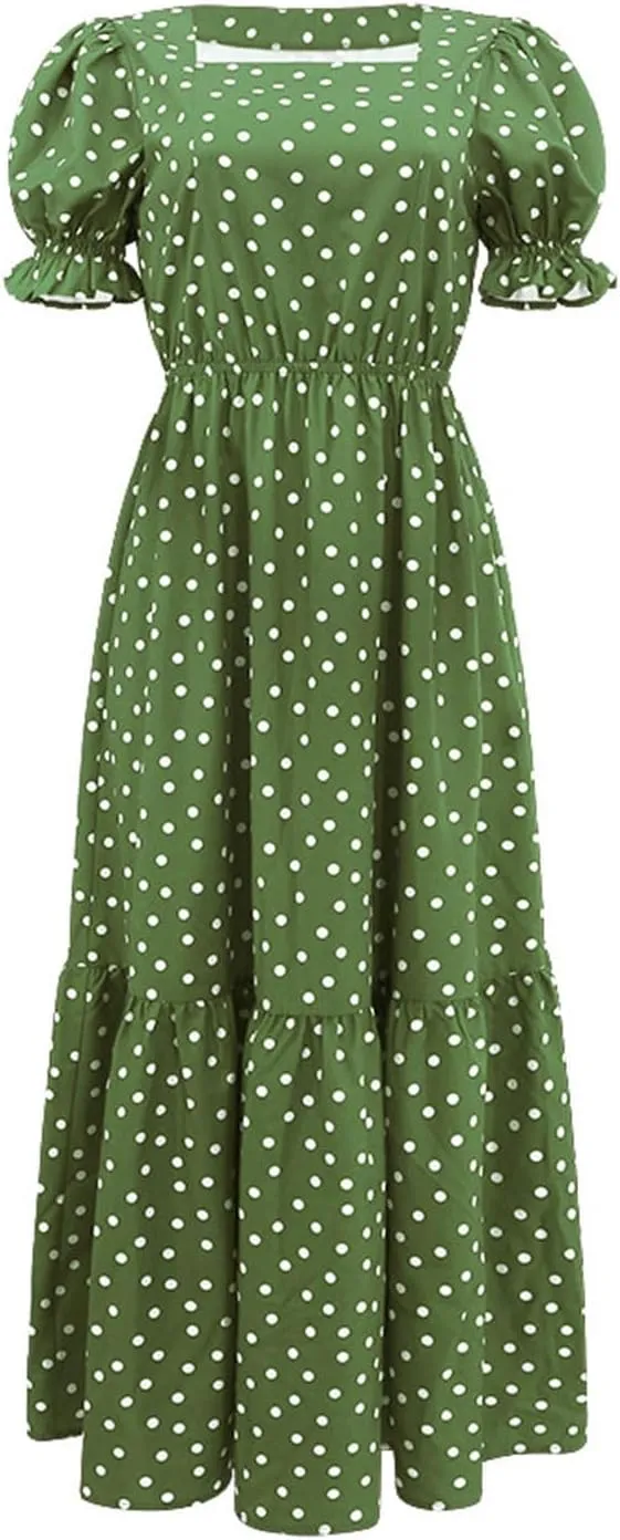 Dresses for Women 2025 Casual Fashion Puff Sleeve Point Printed Vintage Maxi Dress Square Neck Summer 2025 Dresses