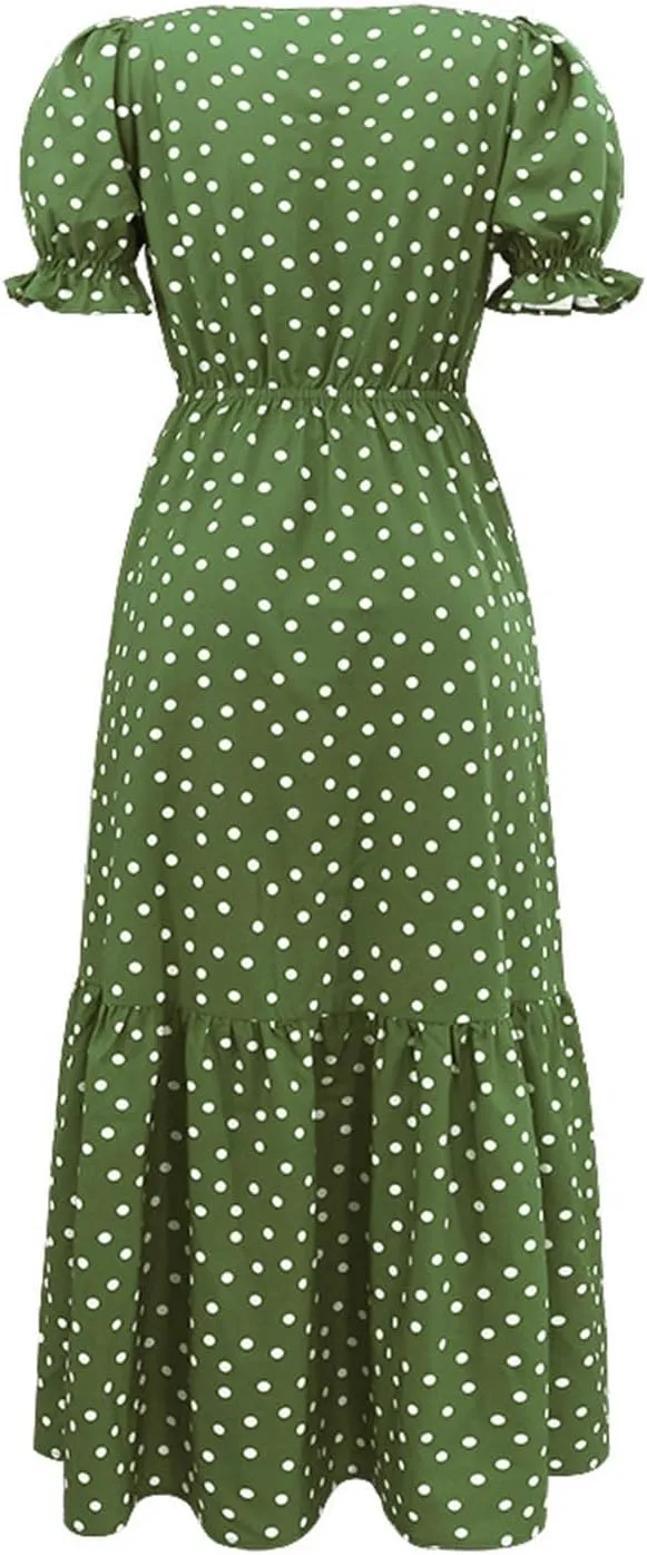 Dresses for Women 2025 Casual Fashion Puff Sleeve Point Printed Vintage Maxi Dress Square Neck Summer 2025 Dresses