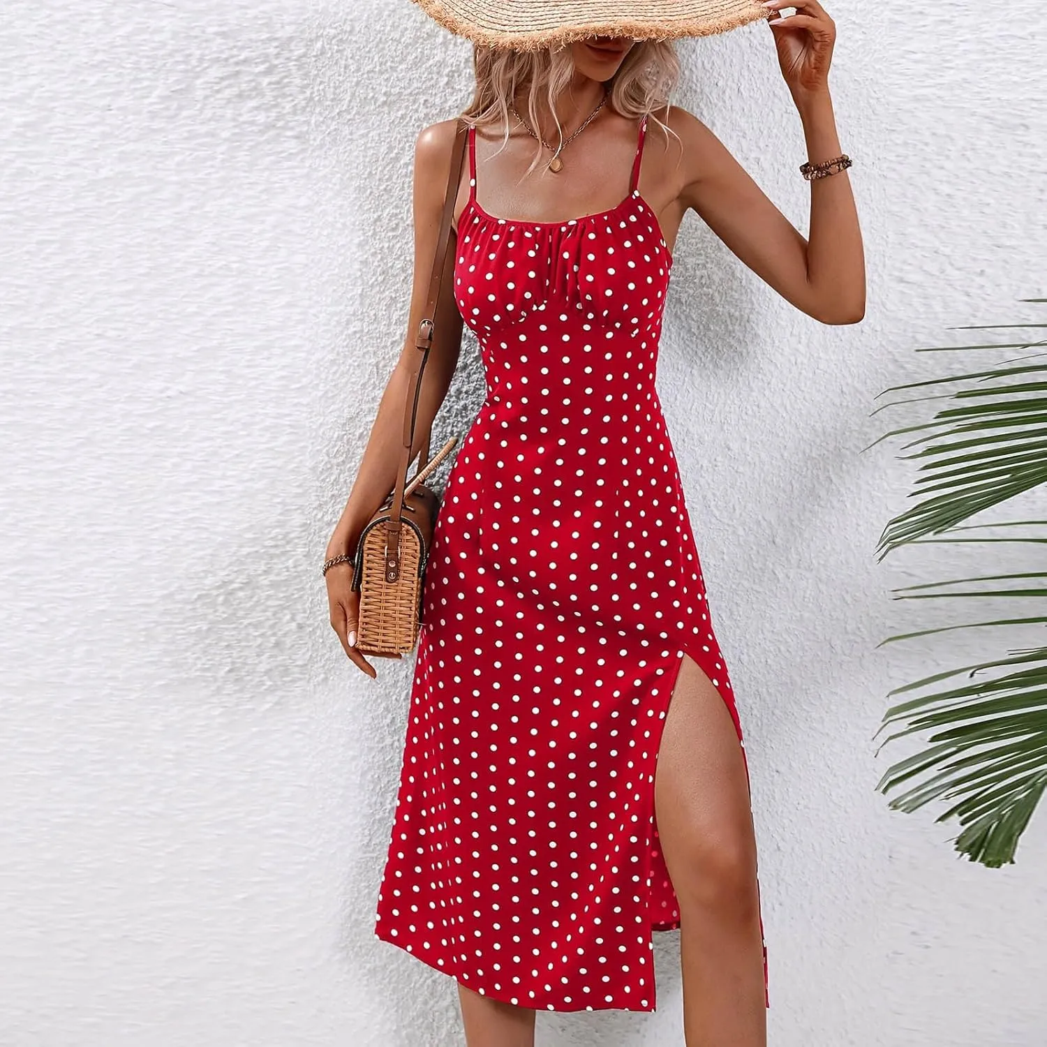 Dresses for Women 2025 Casual Spring Summer Sleeveless Spaghetti Straps Sundress Trendy Split Hem Boho Tank Dress
