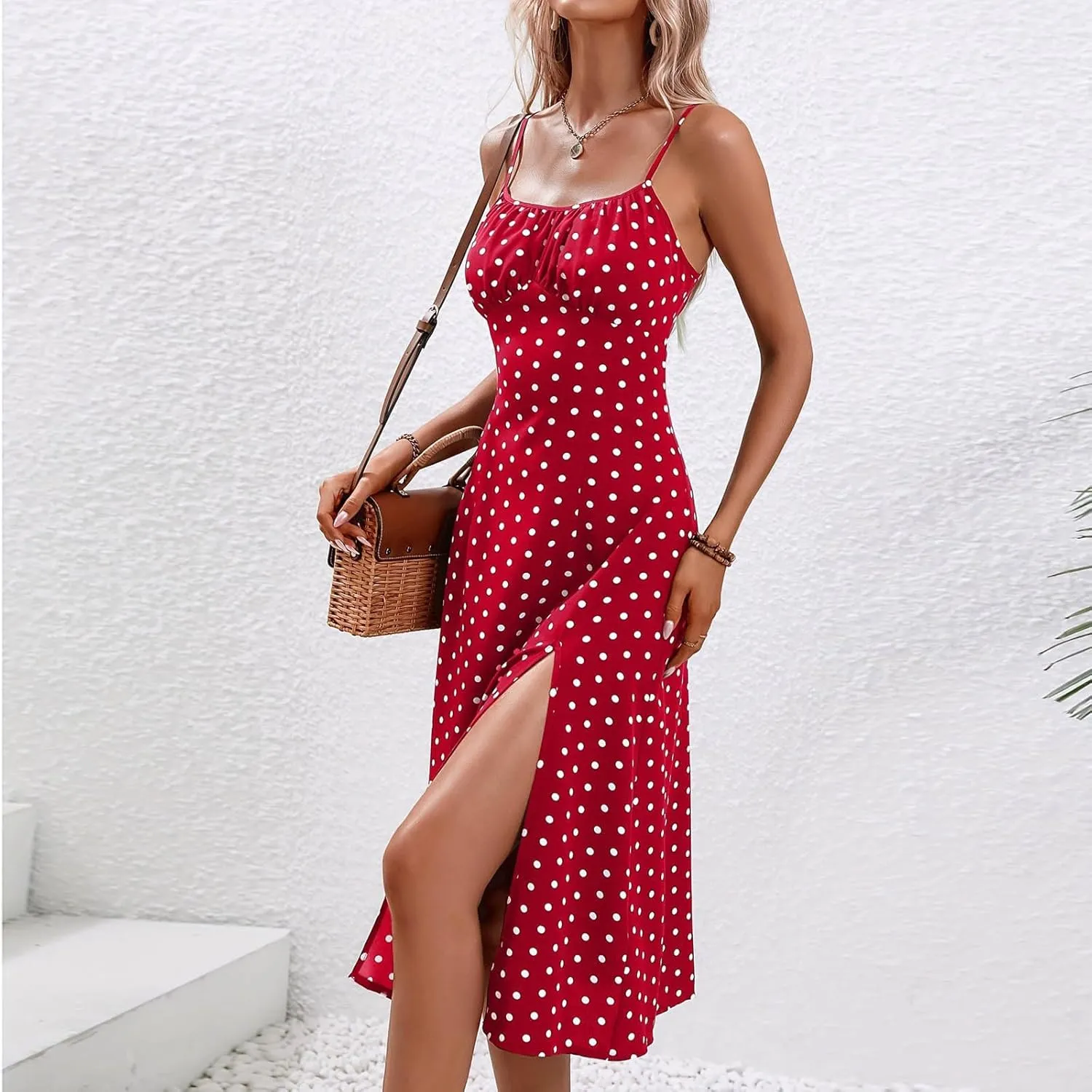 Dresses for Women 2025 Casual Spring Summer Sleeveless Spaghetti Straps Sundress Trendy Split Hem Boho Tank Dress