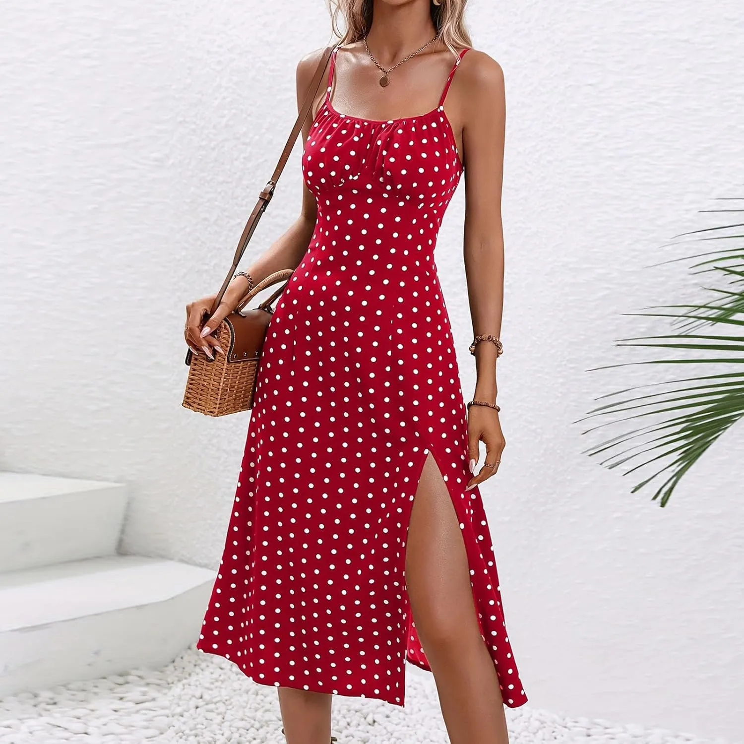 Dresses for Women 2025 Casual Spring Summer Sleeveless Spaghetti Straps Sundress Trendy Split Hem Boho Tank Dress