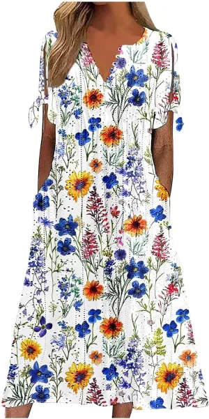 Dresses for Women Boho Eyelet Button V Neck Tie Knot Short Sleeve Dress Flowy Beach Vacation Midi Dress with Pocket