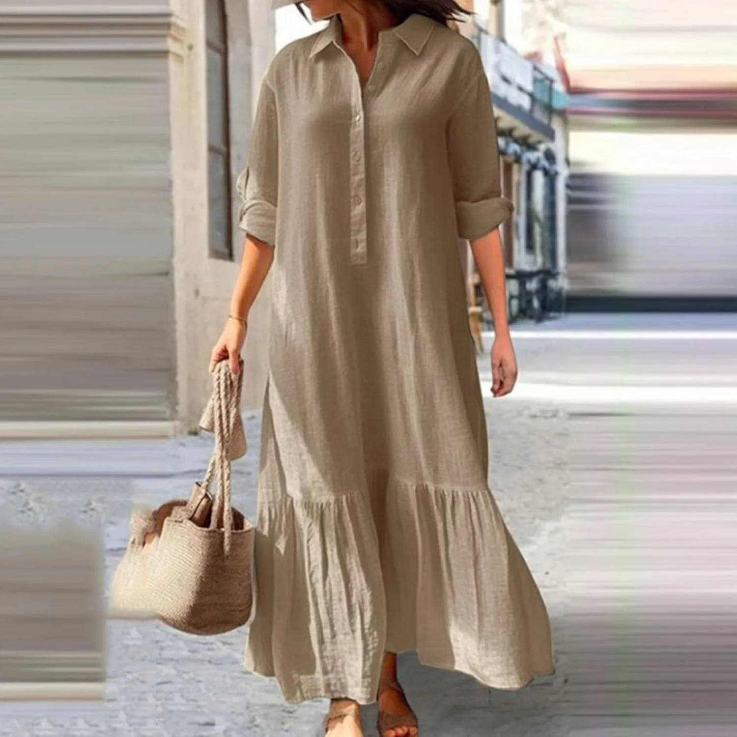 Dresses for Women Cotton Linen Button Down Long Sleeve Dress Beach Vacation Dresses V Neck Trendy Sundress