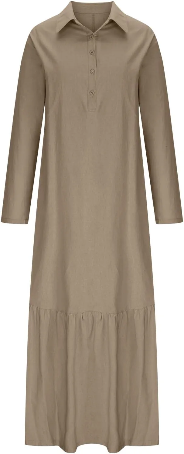 Dresses for Women Cotton Linen Button Down Long Sleeve Dress Beach Vacation Dresses V Neck Trendy Sundress