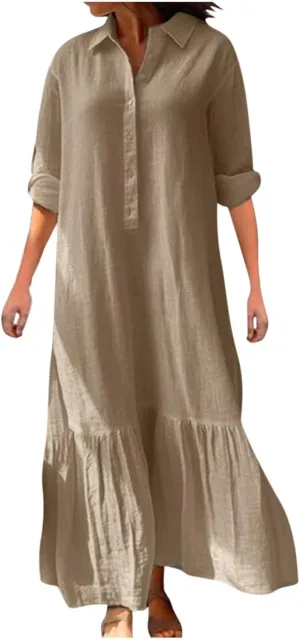 Dresses for Women Cotton Linen Button Down Long Sleeve Dress Beach Vacation Dresses V Neck Trendy Sundress