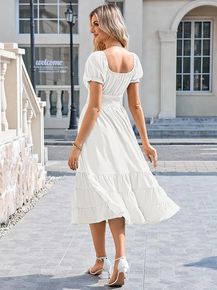 Duigluw Dresses for Women 2025 Casual Summer Short Puff Sleeve Square Neck A-Line Flared Dress
