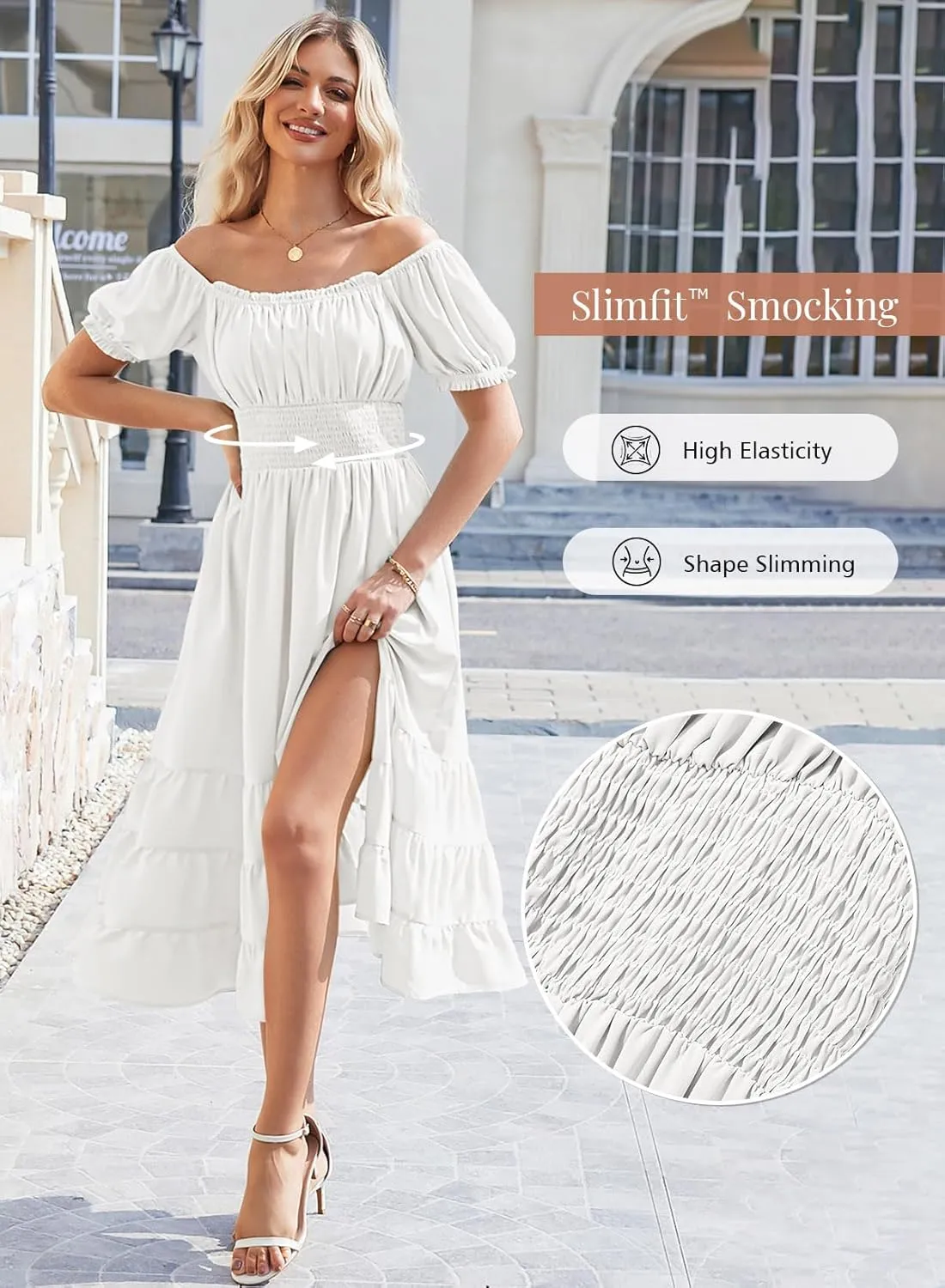 Duigluw Dresses for Women 2025 Casual Summer Short Puff Sleeve Square Neck A-Line Flared Dress