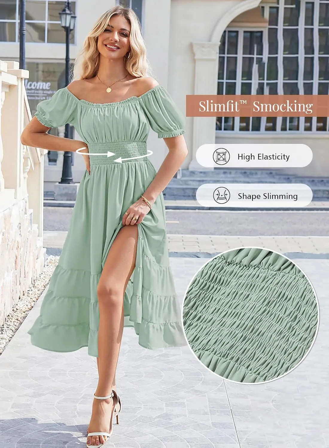 Duigluw Dresses for Women 2025 Casual Summer Short Puff Sleeve Square Neck A-Line Flared Dress