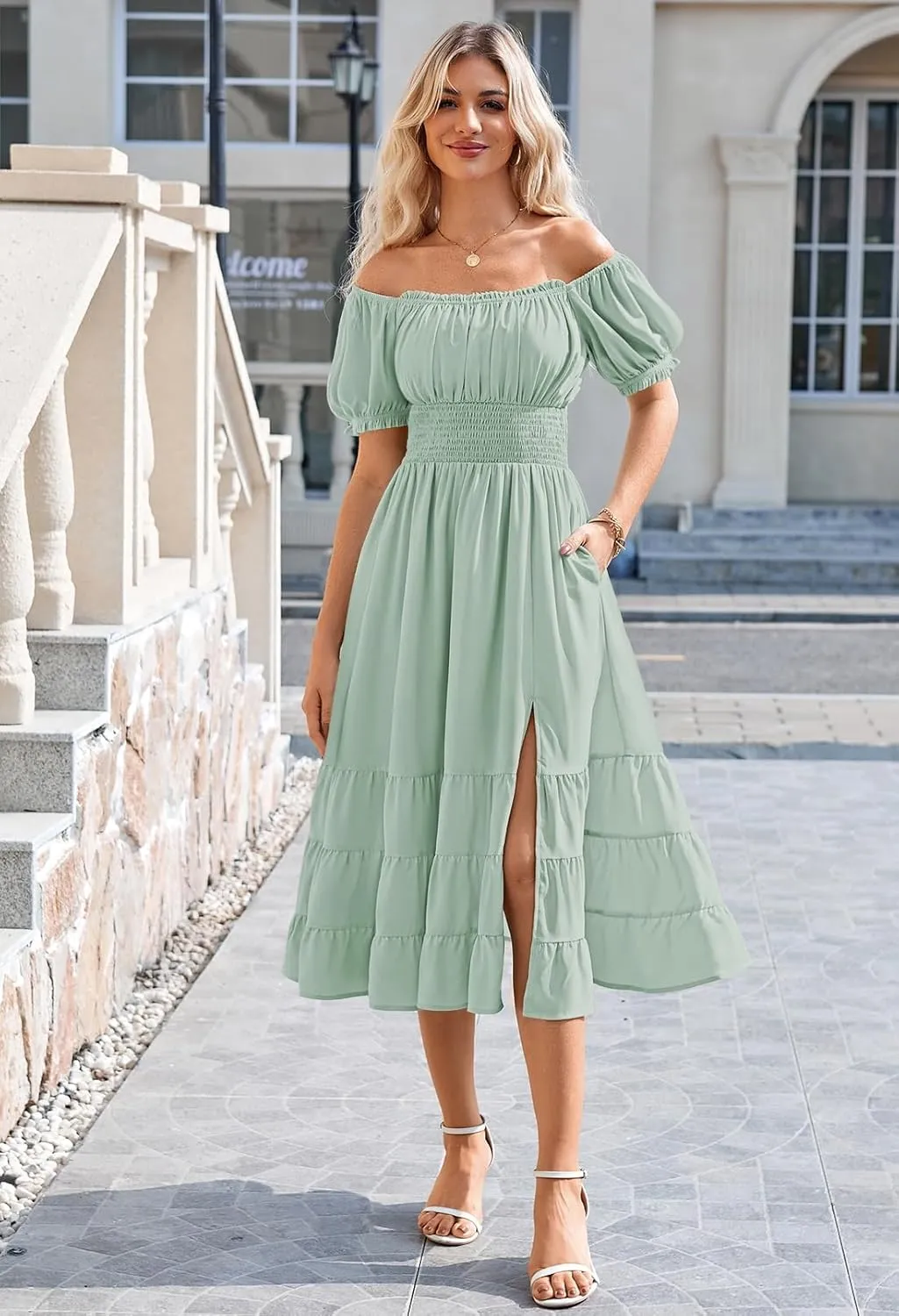 Duigluw Dresses for Women 2025 Casual Summer Short Puff Sleeve Square Neck A-Line Flared Dress